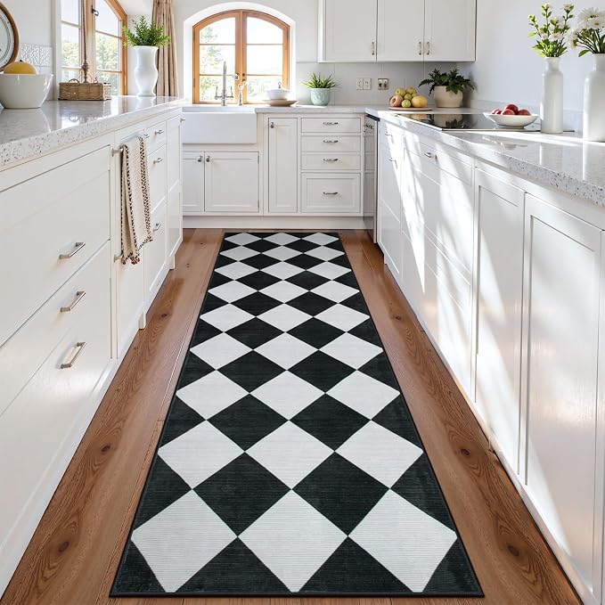 Beeiva Checkered Print Washable Rug Runners for Hallways Non Slip 2.5x10, Ultra Thin Black Kitchen Runner Stain Resistant Hallway Runner Rug 10 ft, Checkerboard Carpet for Bathroom Entryway Decor