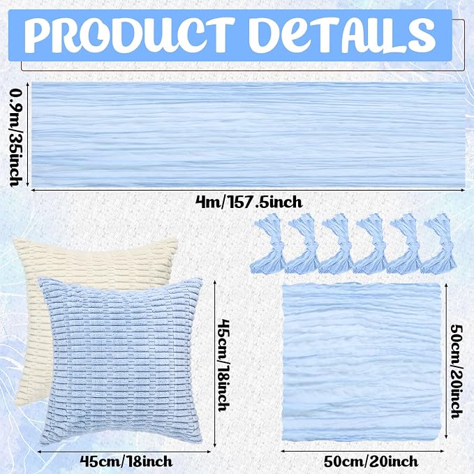 Beeveer 14 Pack Picnic Kit 91x71 Inch Extra Large Outdoor Boho Picnic Blanket with Light Blue Table Runner, 6 Throw Pillow Cover 6 Napkin Woven Cotton Yarn Washable Beach Blanket for Camp Wedding