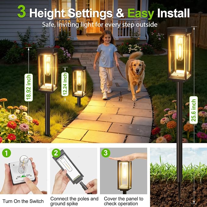 4 Pack Tall Solar Pathway Lights Outdoor, Bright Solar Powered Garden Lights Waterproof, Auto On/Off, Up to 15Hrs Outdoor Light for Path Yard Walkway Driveway Patio Lawn Decor Landscape