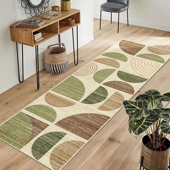 Runner Rug Washable,2x6 Area Rugs Non Slip Modern Abstract | Long Throw Carpet for Hallways Kitchen Bathroom Bedroom Entryway Bedside Laundry Boho Soft Low Pile Vintage Green and Brown