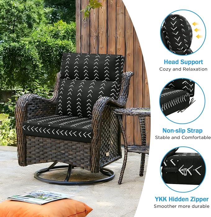 Outdoor Patio Chair Cushions 44x21x3.5 inch, Set of 2 Thicken Comfy Cushions for Rocker Non Slip Fade Shield Water Repellent High Back with Ties, Noir Trace