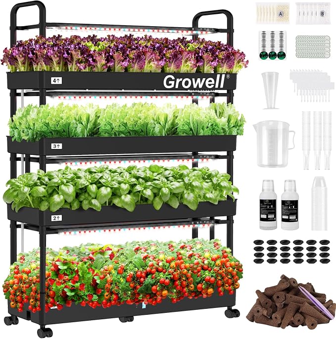 Growell 120 Pods Large Hydroponics Growing System Kit, Indoor Hreb Garden | Vertical Hydro Garden with 2 Light Modes & 2 Timer, Smart Water Circulation, 48L Water Tank, Movable & Space-Saving Design
