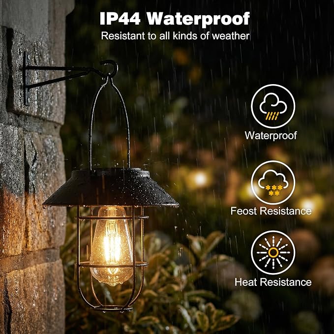 Livinlarge Solar Lanterns Outdoor Waterproof,Hanging Solar Lights for Outside with Wall Hooks Windproof Hook,Retro Metal Outdoor Lanterns Auto On/Off for Porch,Patio,Garden,Yard Decor 2 Pack（Black）