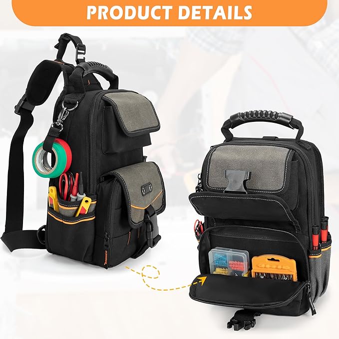 Electrician Tool Pouch Bag, Zippered HVAC Tool Organizer | Heavy-Duty Canvas Fabric, Ergonomic Handle, Removable Shoulder Strap, Ideal for Maintenance Repair Technician