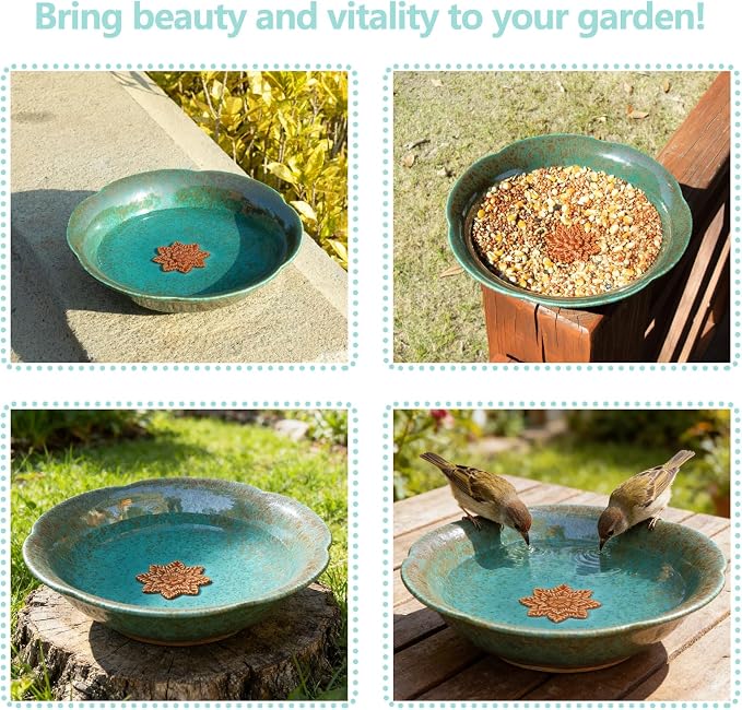 10" W Ceramic Bird Bath for Outdoors,Bird Bath & Feeder with Flower Decor.