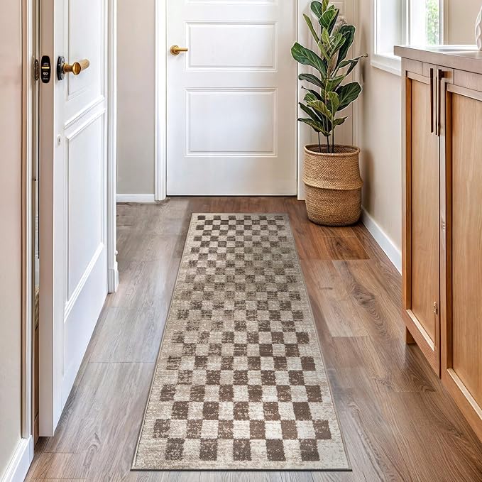 Rugshop Contemporary Checkered Grid Textured Runner Rug Beige 2' 3" x 8' | Size 2' 3" x 8', Living Room, Bedroom, Dining Room, Home Office, Kitchen, Entryway, Hallway, Nursery, Kids Room, Guest Room