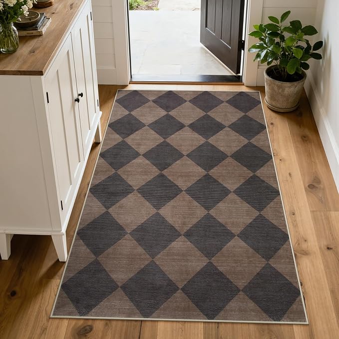 Beeiva Checkered Print Entry Rug 3x5, Non Slip Washable Kitchen Rug 3x5 Stain Resistant Ultra Thin Bathroom Decor, Neutral Geometric Carpet for Bedroom Living Room Office (Brown/Black)