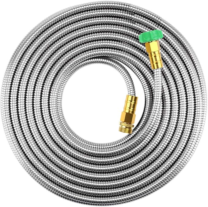 BEAULIFE Short Metal Steel Garden Hose 15 Feet Drinking Rv Water Hose Dehumidifier Drain Hose Connector Extension Attachments 3/4” Hose Bib Faucet Reel Extender for Outdoor