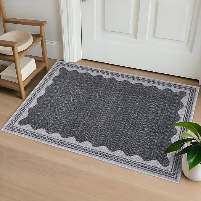 2x3 Scalloped Area Rugs Grey Washable Entryway Bedroom Rug | Solid Small Area Rug Non Slip Scalloped Bath Mat, Front Door Mat Indoor Entrance,Soft Girls Nursery Dorm Carpet for Kitchen