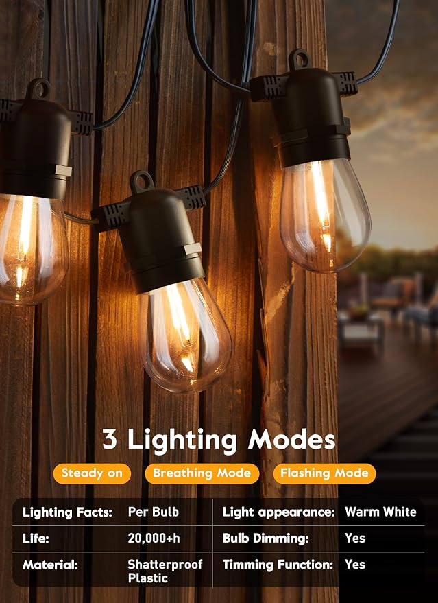 Minetom 34FT Solar String Lights Outdoor with Remote, Patio Lights with 10 LED Shatterproof Bulbs and Hooks, E26 Socket and Type-C Port, Waterproof Hanging Lights for Outside Cafe Garden Bistro