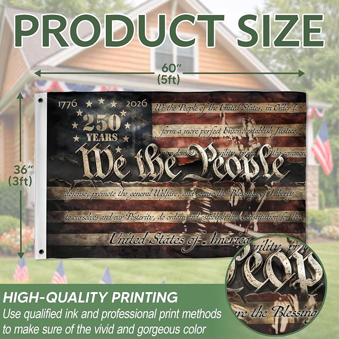 250 Years Of Freedom Flag 3x5 Ft, We The People Banner, 250th Anniversary Banner, 250 Anniversary Usa Flag With Brass Grommets, 4th Of July Decorations Outdoor, Front & Back Printed 3
