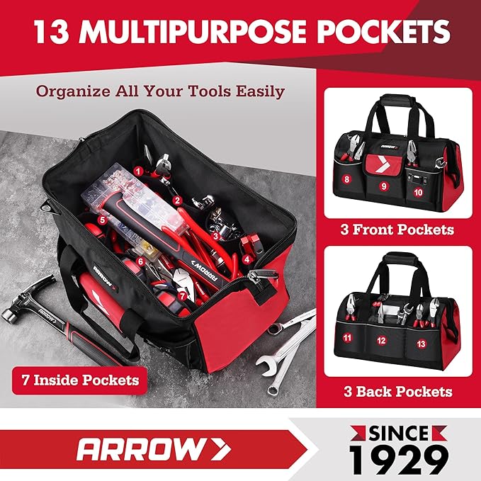 ARROW 16" Tool Bag Organizer with Anti-Slip Feet, Tool Bags for Men Heavy Duty, Wide Open Mouth, Large Capacity with 13 Pockets, Portable Toolbag for Electrician Mechanic Plumber HVAC