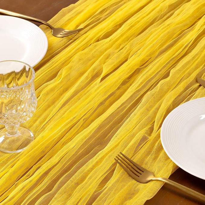 Socomi Yellow Cheesecloth Table Runner Tulle Gauze Cheese clothBoho Rustic 120 inch 10FT Runner for Wedding Party Baby Shower Birthday Holiday Decorations 3pcs