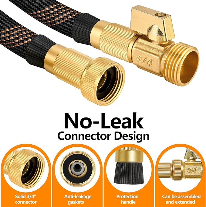 Flexible Garden Hose 25 FT, Ultra Lightweight Water Hoses w/10 Function Sprayer and 3/4" Brass Fittings, Kink-Free, Sturdy, Abrasion Resistant for Yard, Lawn, Outdoor and Gardening(Black Orange)