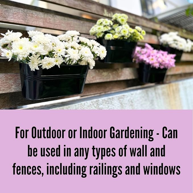 LaLaGreen Outdoor Plants Rail Planter (11.2 Inch, 10 Pack) Black Metal Iron Hanging Flower Pots Deck Railings Fence Buckets Modern Boho Style Wall Mount Window Box Plant Holder Hooks Porch Home Decor