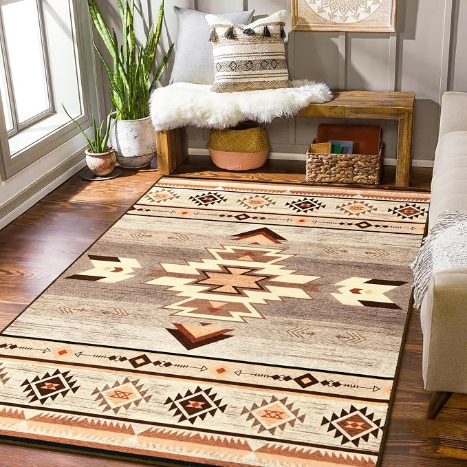 BENRON Western Area Rugs for Living Room Bedroom 3x5, Non Slip, Warm Beige | Southwest aztec Throw Rugs for Dining Table Kitchen Home Decor, Washable