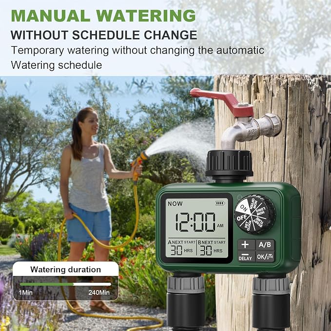 Water Timer for Outdoor Garden Hose, Sprinkler Timer for Garden Faucet with Auto/Manual/Rain Delay Mode, Sprinkler Irrigation Controller for Yard Lawn (2 Zone Plastic Inlet)