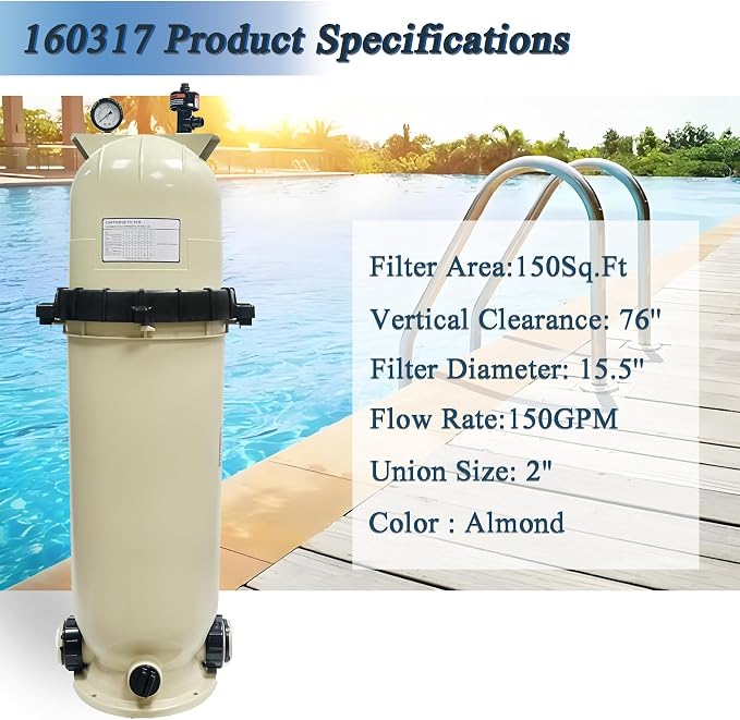 EC-160317 Cartridge Pool Filter,100 sq ft‌100GPM Fit for Pentair CC150
