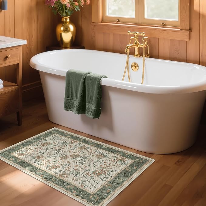 GarveeHome Small Sage Green Entryway Rug, 2x3 Washable Front Door Rug Indoor Entrance French Floral Carpet Non-Slip Beige Throw Rugs for Kitchen, Powder Room, Entry, Bathroom, Kids Room