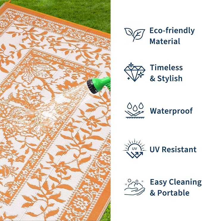 Garvee Outdoor Rug 8x10, Waterproof Reversible Foldable Plastic Straw Rug, Botanical cottagecore Outdoor Rugs Patio Camping RV Carpet for Deck Camper Porch Balcony Backyard Picnic Beach Orange