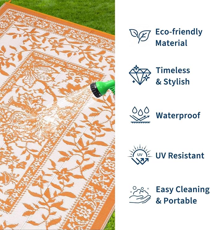Garvee Outdoor Rug 5x8, Waterproof Reversible Foldable Plastic Straw Rug, Botanical cottagecore Outdoor Rugs Patio Camping RV Carpet for Deck Camper Porch Balcony Backyard Picnic Beach Orange