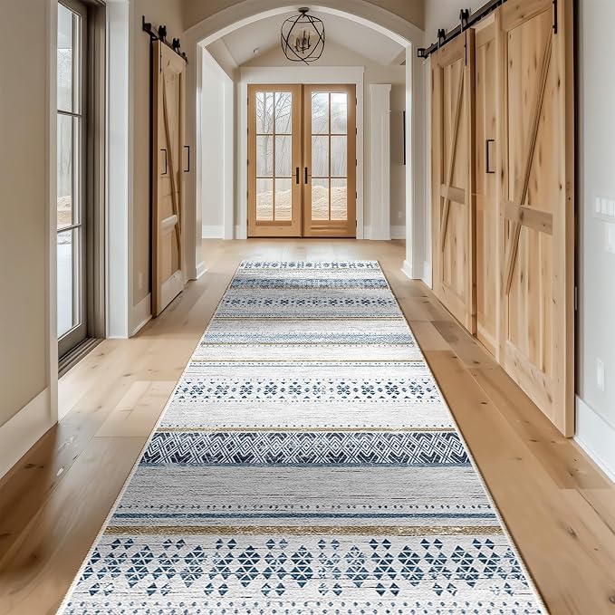 2x10 Washable Area Rugs for Living Room Boho Runner Rug Blue/Brown | Vacuum Friendly, Machine Washable, Non-Slip Rug, Stain Resistant, Moroccan Geometric, Low Pile Carpet, Hallway Kitchen