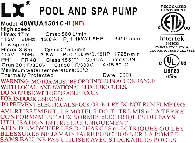 Hot Tub Spa pump, 1.5 HP, two speed, 48Frame, Bracketless, LX Motor (115V/60Hz); 2" Port; OEM Model # Two Speeds 6500-345; 6500-845; 6500-090; Single Speed 6500-357 48WUA1501C-II(NF)
