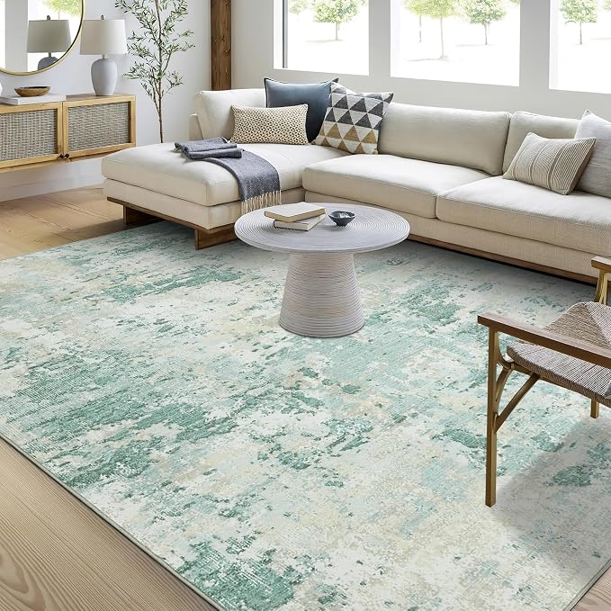 ROYHOME Modern Abstract Area Rug 9x12 Non Slip, Green | Non Shedding Rug Low Pile Stain Resistant for Bedroom Living Room