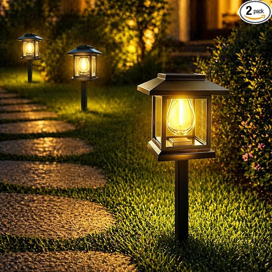 2-Pack Solar Pathway Lights - High-Efficiency Polycrystalline Panels for All-Night Glow - IP65 Waterproof Outdoor Landscape Lighting for Garden, Walkway & Driveway Security (Black)
