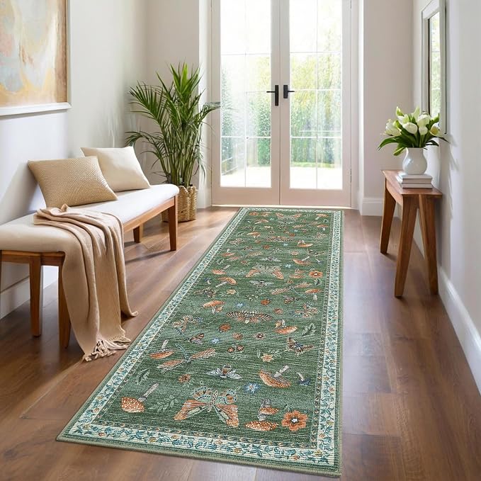 ROYHOME Mushroom Insect Rug 2x6 Runners for Hallways, Boho Kitchen Runner Rugs Non Slip Bath Runner, Modern Washable Runner Rug for Bedroom, Soft Long Rugs for Entryway Bathroom Laundry Dorm, Blue