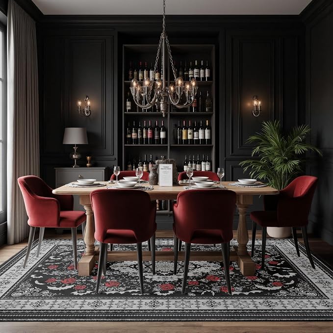 Nayoroom Dark Academia Gothic Black Area Rug, Machine Washable, 8 x 10 ft | Dark academia gothic style; Soft, non-shedding surface; Easy Clean; Non-slip backing; Living, dining or bedroom
