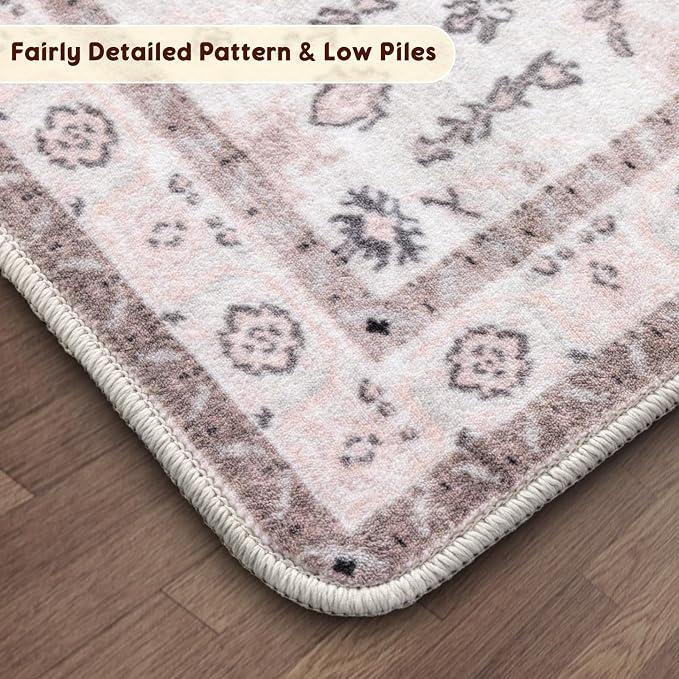 LBRO2M Machine Washable Rug Soft Pet Friendly Carpet 8X10 Pink | Persian Rug 8X10 for Living Room, Bedroom, Dining Room, Home Office, Non Slip Carpet, Foldable Stain Resistant Rugs