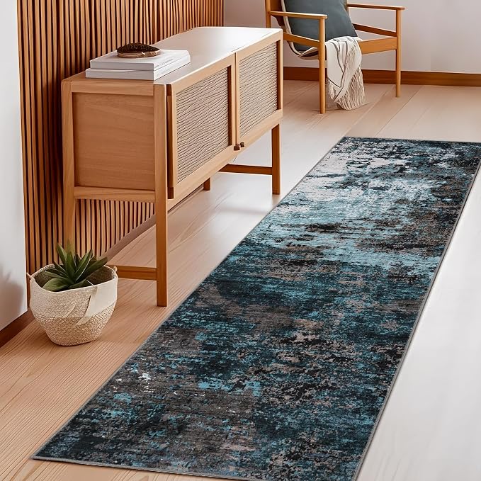GarveeHome Machine Washable Runner Abstract Hallway Rugs 2x6 Blue Green | Non-Slip Backing, Stain-Resistant Low Pile Floor Cover, Colorful Indoor Mat, Bedroom, Kitchen, Laundry