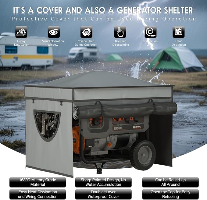 Generator Tent with Bracket, Generator Covers While Running, Waterproof Heavy Duty Tarps, Rooftop Design No Water Accumulation, 1680D+210D Double Layer, 28" x20" x20", Gray