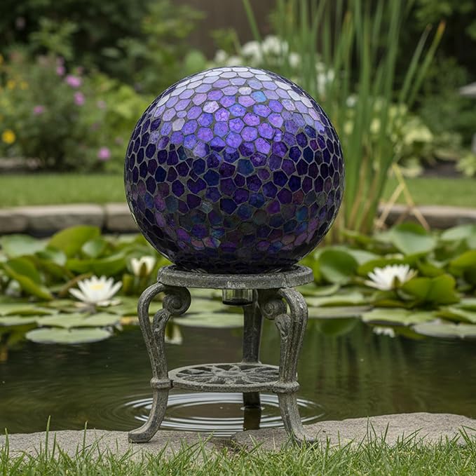 Sunnydaze 10" Mosaic Glass Gazing Ball for Garden, Globe for Outdoor Decor | Iridescent Purple, Decorative Sphere Fits Most Stands, Garden Ball for Outside, Flower Bed, Backyard, or Indoor Display
