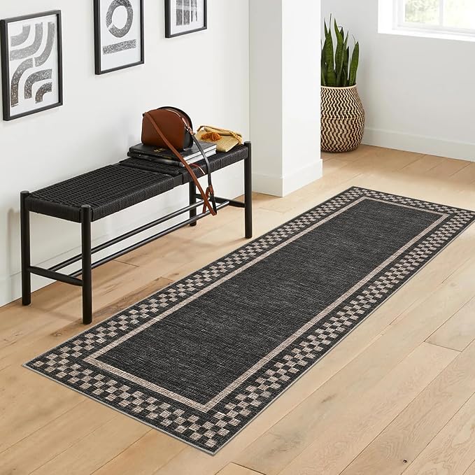GarveeHome Washable Runner Rug 2x10 Modern Bordered Hallway Runner Rug | Non Slip Kitchen Throw Carpet Checkered Low Pile Solid Area Rugs for Entryway Living Room Bedroom Nursery Sink, Black