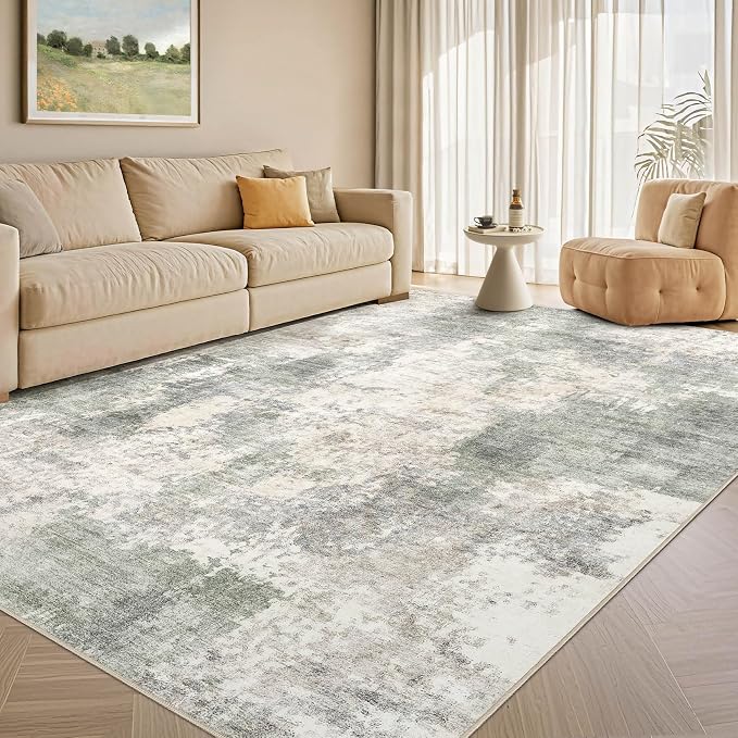 Tortania Washable 8x10 Area Rug for Living Room: Modern Abstract Neutral Large Soft Thin Rugs - Non Slip Indoor Carpet for Bedroom Dining Room Office Nursery Home Floor Decoration - Gray Green