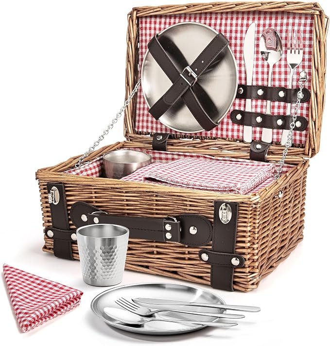 Picnic Basket Set for 2, Wicker Picnic Baskets with Waterproof Blanket and Cutlery Service Kit, Willow Hamper for Camping, Outdoors, Valentine's Day, Christmas, Birthday, Wedding Gift