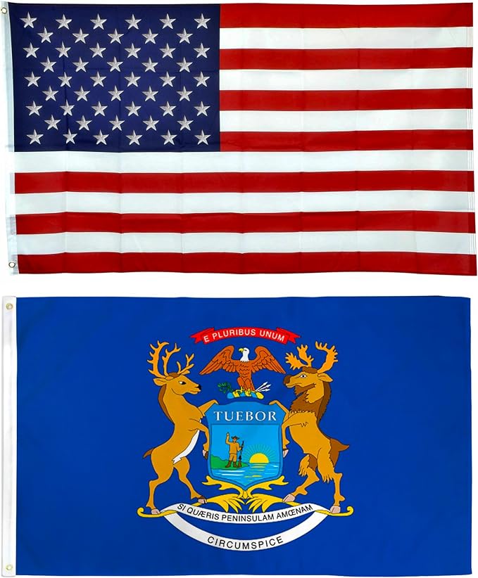 Shop72 American Flags for Outside, Set of Michigan State with 3x5 American Flag, For Outdoor and Indoor, Allegiance to USA, This Garden Banner Made Heavy Duty, Bandera De Estados Unidos