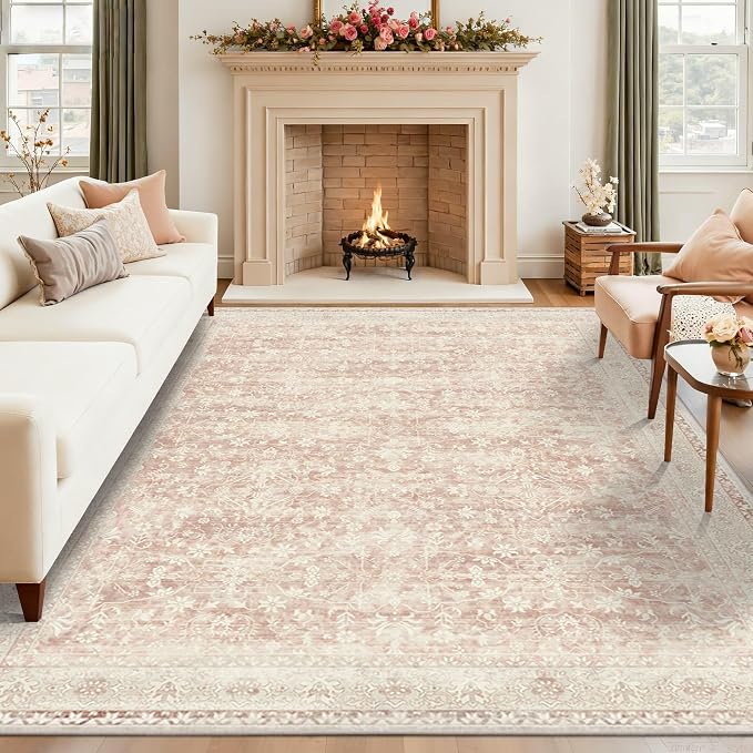 Latte&Fog Pink Rugs for Girls Bedroom Washable 6x9 Area Rug for Living Room | for Dining Kitchen Kids Nursery Playroom Guest Room Classroom Dorm Farmhouse Office, Non Slip Low Pile Soft Floral Carpets