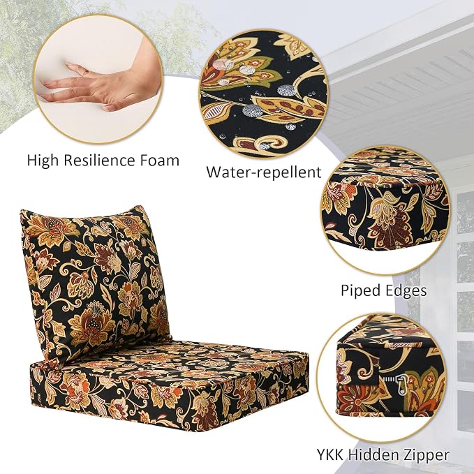 Unimatta Outdoor Patio Chair Cushions Set, 24" x 24", Set of 2, Water-Repellent, Fade Resistant, Deep Seat Bottom and Back Cushion for Backyard, Couch, Sofa and Patio Furniture, Red Yellow Vine Flower