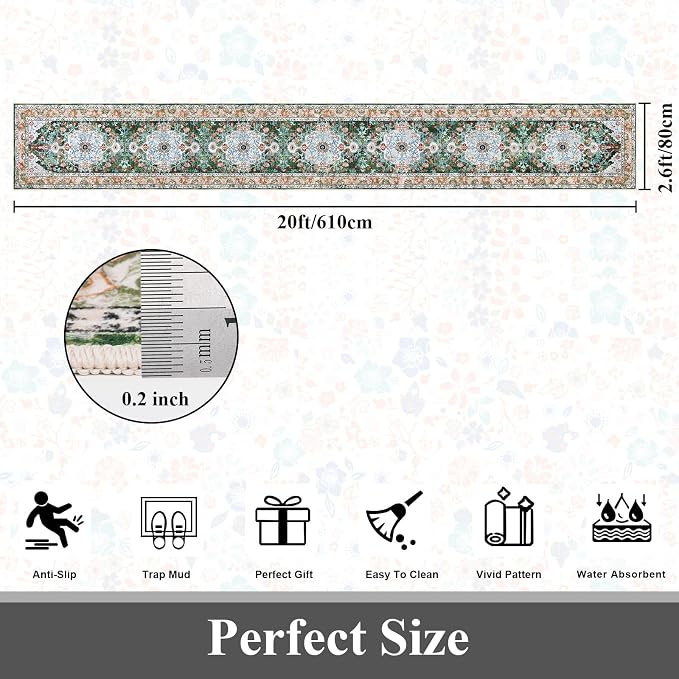 U'Artlines 2.6' x 20' Extra Long Boho Hallway Runner Rug, Green | Non Slip Washable Vintage Farmhouse Accent Area Rug Carpet for Kitchen Entryway Laundry and Living Room