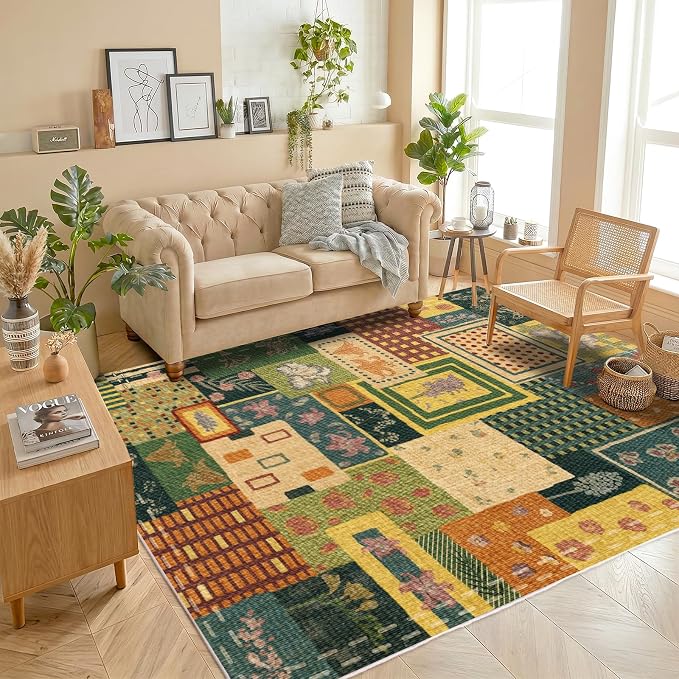 Washable Rugs for Living Room, 4x6 Abstract Multicolor Floral Soft Rug | Upgraded Non Slip Durable Throw Carpet| Indoor Rugs for Bedroom Dining Room Office Home Decor| Southwestern Cottagecore Rug