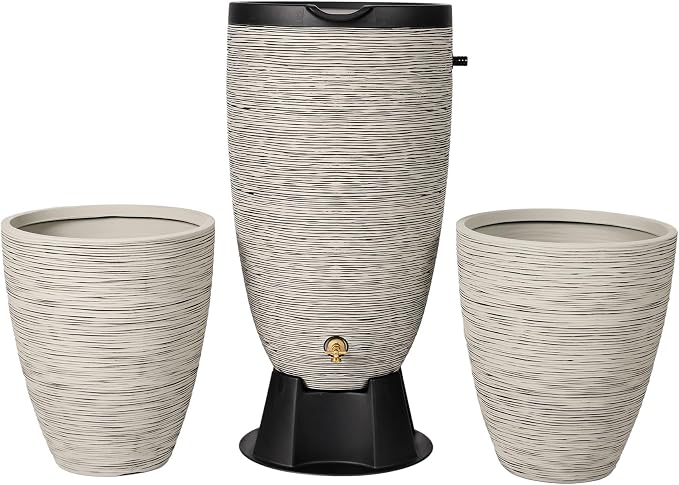 Newport 50‑Gallon Flat‑Back Rain Barrel with Stand & Planter Bundle – Slate | Removable Lid, UV-Stabilized Outdoor Water Storage