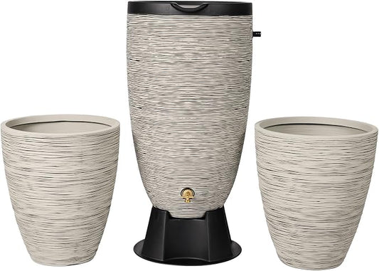 Newport 50‑Gallon Flat‑Back Rain Barrel with Stand & Planter Bundle – Slate | Removable Lid, UV-Stabilized Outdoor Water Storage