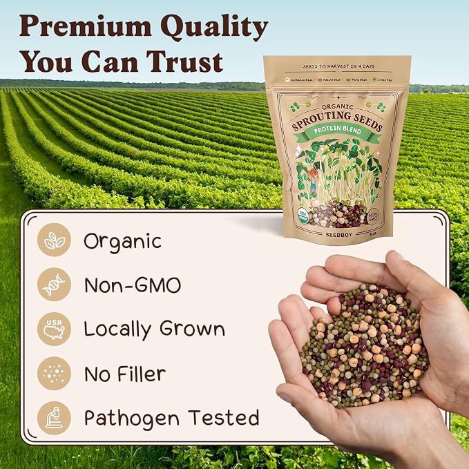 Seedboy Organic Non-GMO Sprouting Seeds, Protein Blend - USA Grown Microgreens Mix with Garbanzo, Mung Bean, Adzuki Beans, Green Pea - 8 oz Bag Makes 6 Quarts / 24 Servings (Protein Blend)