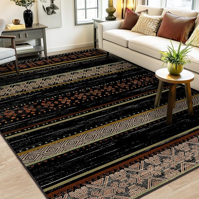 9x12 Washable Area Rugs for Living Room Boho Bedroom Rug Colorful/Black | Vacuum Friendly, Machine Washable, Non-Slip Rug, Stain Resistant, Moroccan Geometric, Low Pile Carpet, Dining Room Kitchen