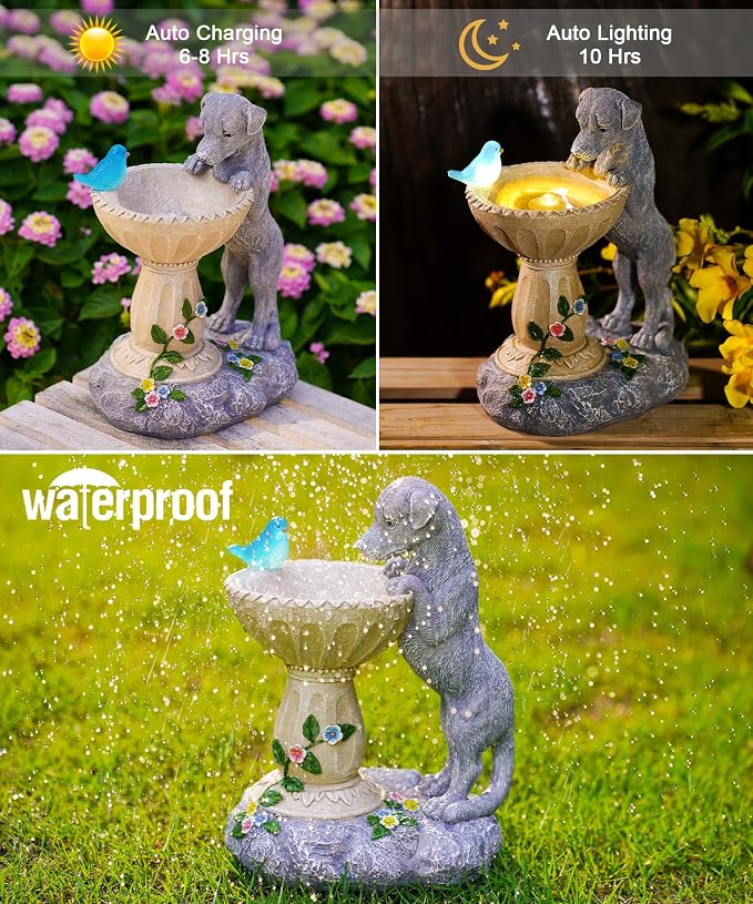 Nacome Solar Dog Garden Statues: Weatherproof Resin Decor | Outdoor Yard Lawn Patio Balcony Decorations, Gifts for Mom Grandma Women Bird Lovers, Automatic Warm LED Light