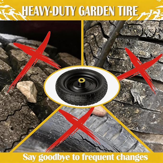10" G orilla Cart Tires Flat Free, 300LB Capacity, with 5/8" Axle Bore Hole, 2.2" Offset Hub, Solid Rubber Tire for GOR Garden Cart, Trolleys, Hand Trucks, Yard Trailers, 4 Pack