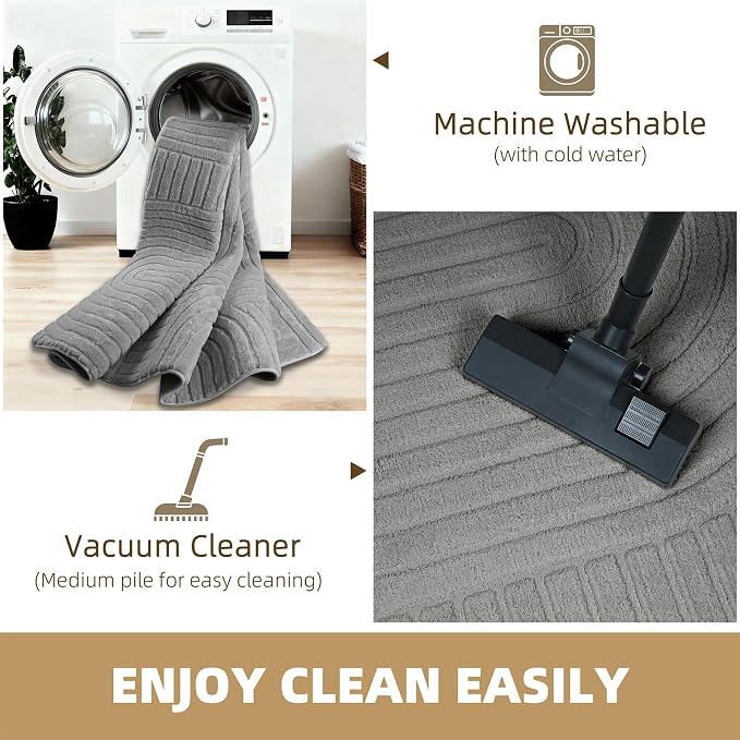 Grey 8x10 Modern Geometric Area Rug, Washable Living Room Rug | Minimalist Linear Carpet with Soft High-Low Pile, Fluffy Floor Rugs for Bedroom, Kids Room, Nursery, Home Décor